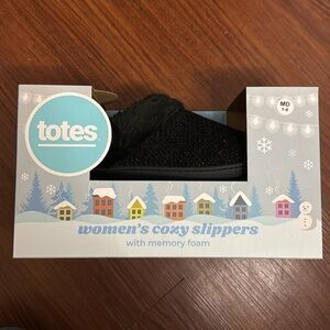 New in Box totes Women’s slippers, faux fur black textured with silver sparkles